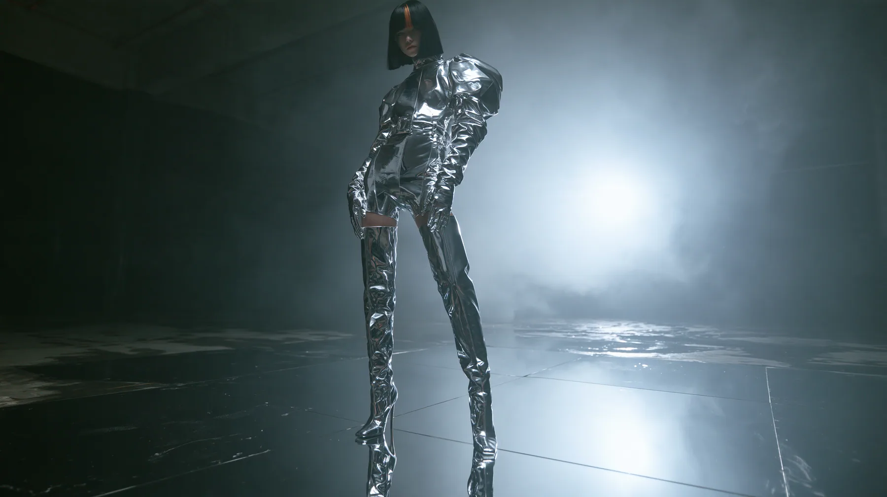 full-body fashion editorial photograph taken from far away with a long lens: a young Caucasian American woman with pale skin and a glossy black blunt bob with heavy straight bangs and one clay-orange streak, in a…