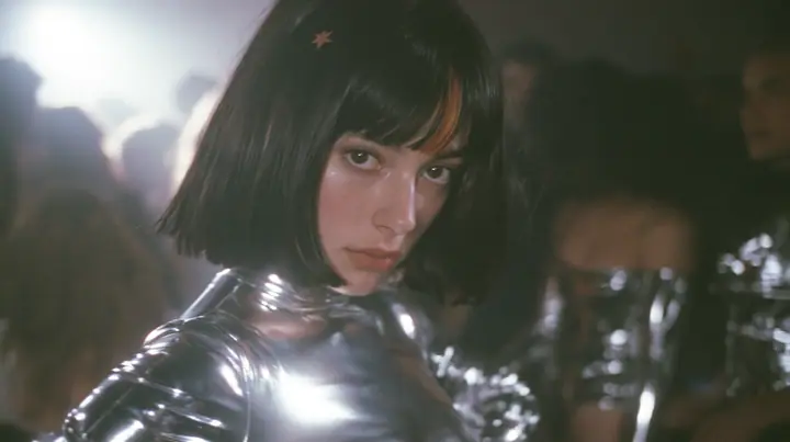 cinematic 35mm film still, wide shot at eye level: a warehouse rave in fog, the dancers parted into a circle, and in the circle stands a young Caucasian American woman with pale skin, a glossy black blunt jaw-length…
