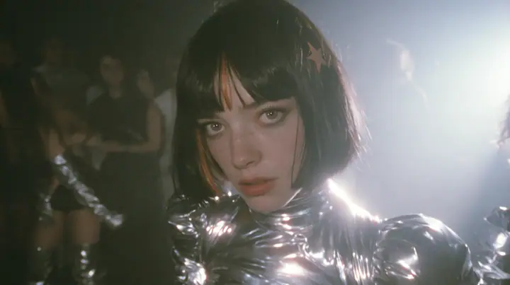cinematic 35mm film still, wide shot at eye level: a warehouse rave in fog, the dancers parted into a circle, and in the circle stands a young Caucasian American woman with pale skin, a glossy black blunt jaw-length…