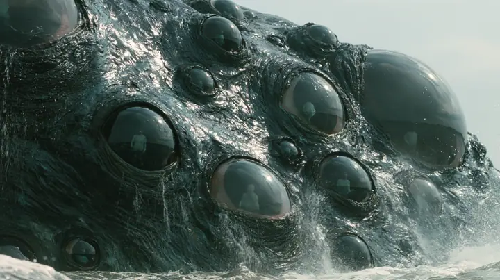 extreme close-up of the wet black-green hide of a colossal sea monster rising out of the sea, the hide studded with dozens of large glossy human eyes of different sizes, some wide open and some half-closed, each eye…