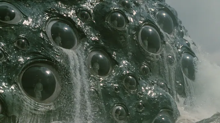 extreme close-up of the wet black-green hide of a colossal sea monster rising out of the sea, the hide studded with dozens of large glossy human eyes of different sizes, some wide open and some half-closed, each eye…