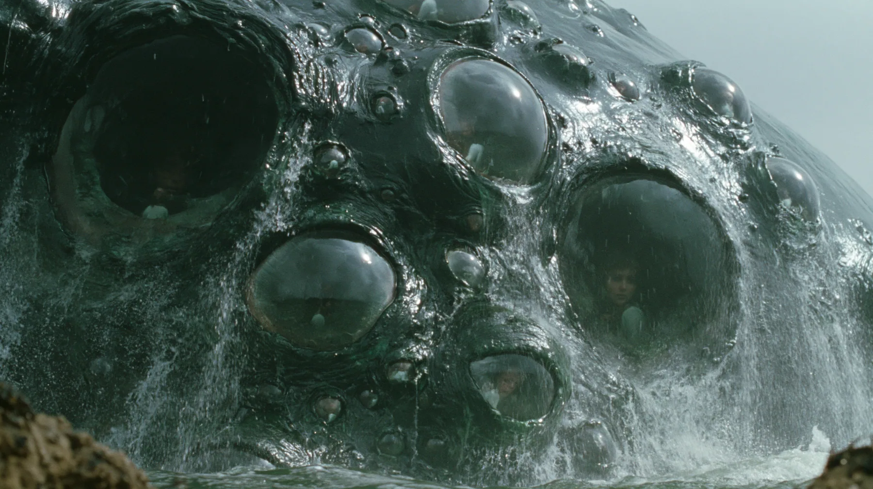 extreme close-up of the wet black-green hide of a colossal sea monster rising out of the sea, the hide studded with dozens of large glossy human eyes of different sizes, some wide open and some half-closed, each eye…