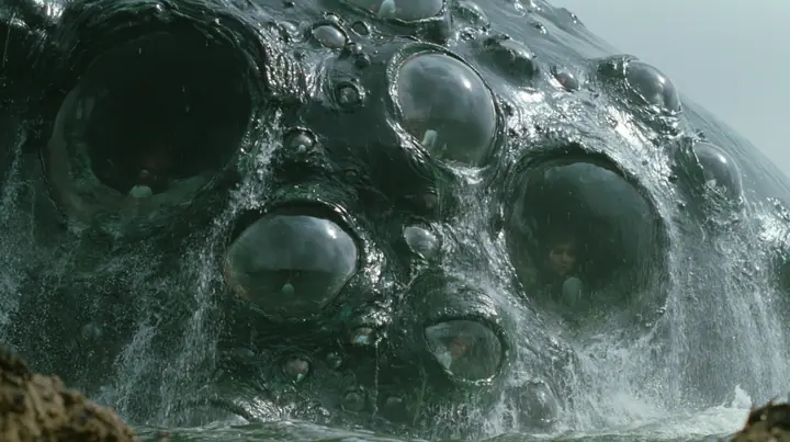 extreme close-up of the wet black-green hide of a colossal sea monster rising out of the sea, the hide studded with dozens of large glossy human eyes of different sizes, some wide open and some half-closed, each eye…