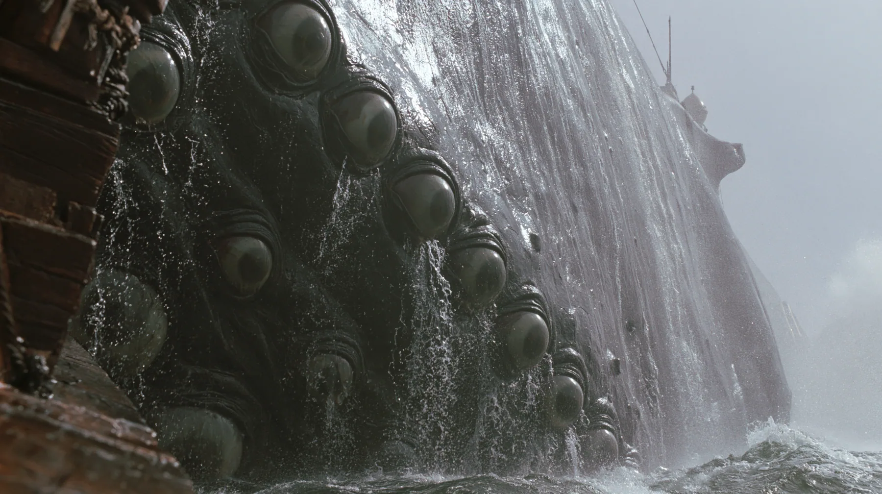 close shot along the flank of a gigantic sea creature breaching beside a wooden galley, its glistening dark skin covered in rows of enormous wet eyes with pale irises, the eyes opening one after another, water…
