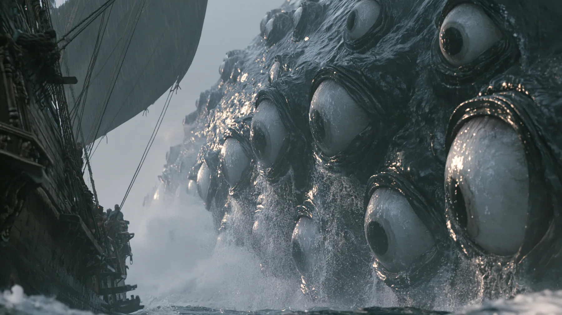 close shot along the flank of a gigantic sea creature breaching beside a wooden galley, its glistening dark skin covered in rows of enormous wet eyes with pale irises, the eyes opening one after another, water…