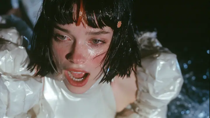 medium close-up of a Caucasian American woman in her mid-twenties with pale skin and light freckles, a glossy black blunt jaw-length bob with heavy straight bangs and one clay-orange streak through the bangs, a small…