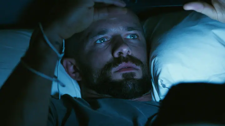close-up of a broad-shouldered Caucasian man in his early thirties with a shaved head, a thick short dark beard, a square jaw, heavy brows and pale blue eyes, the build of a man who lifts, in a grey t-shirt, lying…