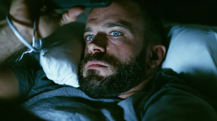close-up of a broad-shouldered Caucasian man in his early thirties with a shaved head, a thick short dark beard, a square jaw, heavy brows and pale blue eyes, the build of a man who lifts, in a grey t-shirt, lying…