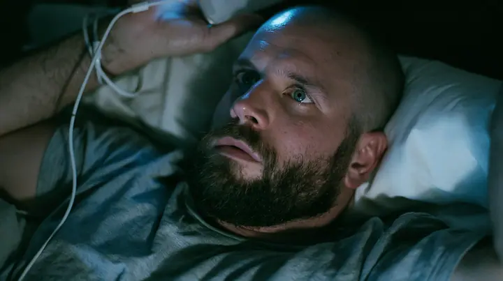close-up of a broad-shouldered Caucasian man in his early thirties with a shaved head, a thick short dark beard, a square jaw, heavy brows and pale blue eyes, the build of a man who lifts, in a grey t-shirt, lying…