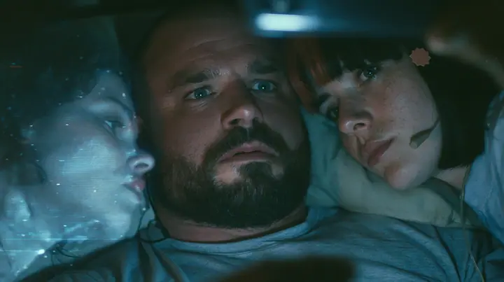 close-up of a broad-shouldered Caucasian man in his early thirties with a shaved head, a thick short dark beard, a square jaw, heavy brows and pale blue eyes, the build of a man who lifts, in a grey t-shirt, lying…