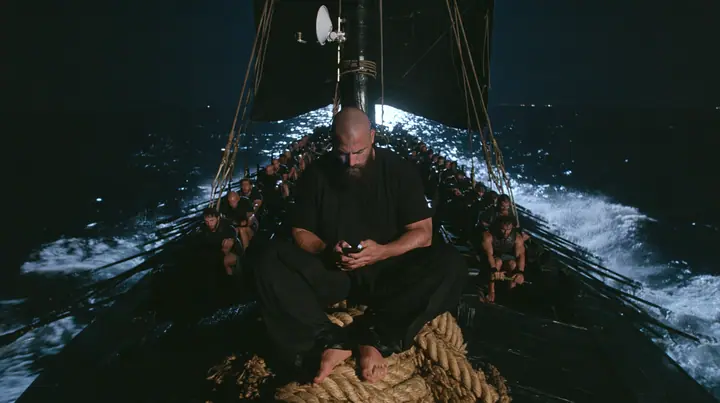 wide shot from the stern along the deck of a long black ancient Greek galley with a single mast, a square sail and two banks of oars at night, thirty rowers on two long rows of benches pulling their oars, a tall mast…