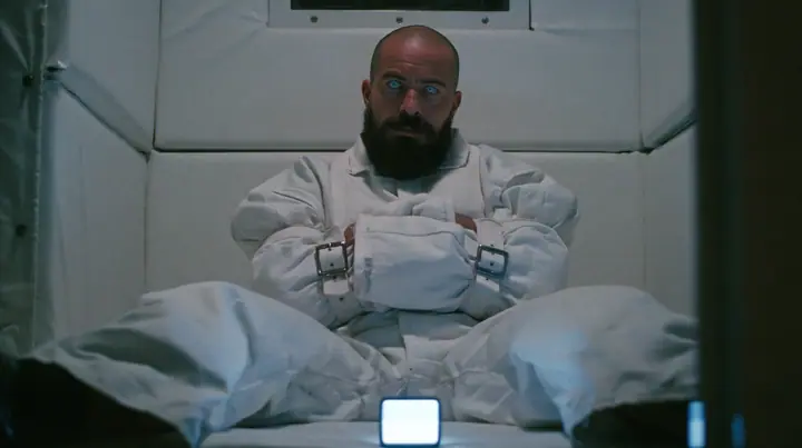 a broad-shouldered Caucasian man in his early thirties with a shaved head, a thick short dark beard, a square jaw, heavy brows and pale blue eyes, the build of a man who lifts, in a white canvas straitjacket, its…