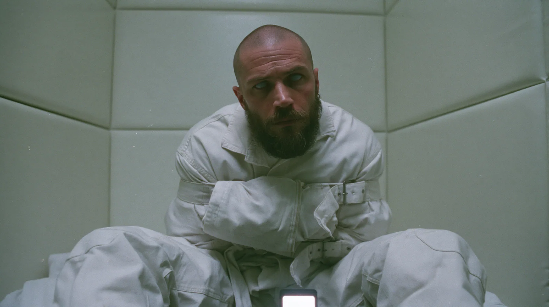 a broad-shouldered Caucasian man in his early thirties with a shaved head, a thick short dark beard, a square jaw, heavy brows and pale blue eyes, the build of a man who lifts, in a white canvas straitjacket, its…