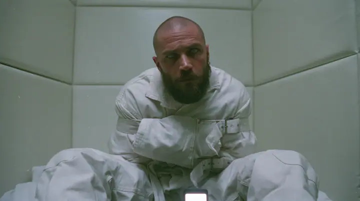 a broad-shouldered Caucasian man in his early thirties with a shaved head, a thick short dark beard, a square jaw, heavy brows and pale blue eyes, the build of a man who lifts, in a white canvas straitjacket, its…