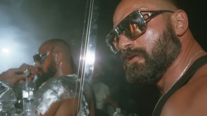 medium shot at a mirrored chrome bar in a warehouse rave, a broad-shouldered Caucasian man in his early thirties with a shaved head, a thick short dark beard, a square jaw, heavy brows and pale blue eyes, the build…
