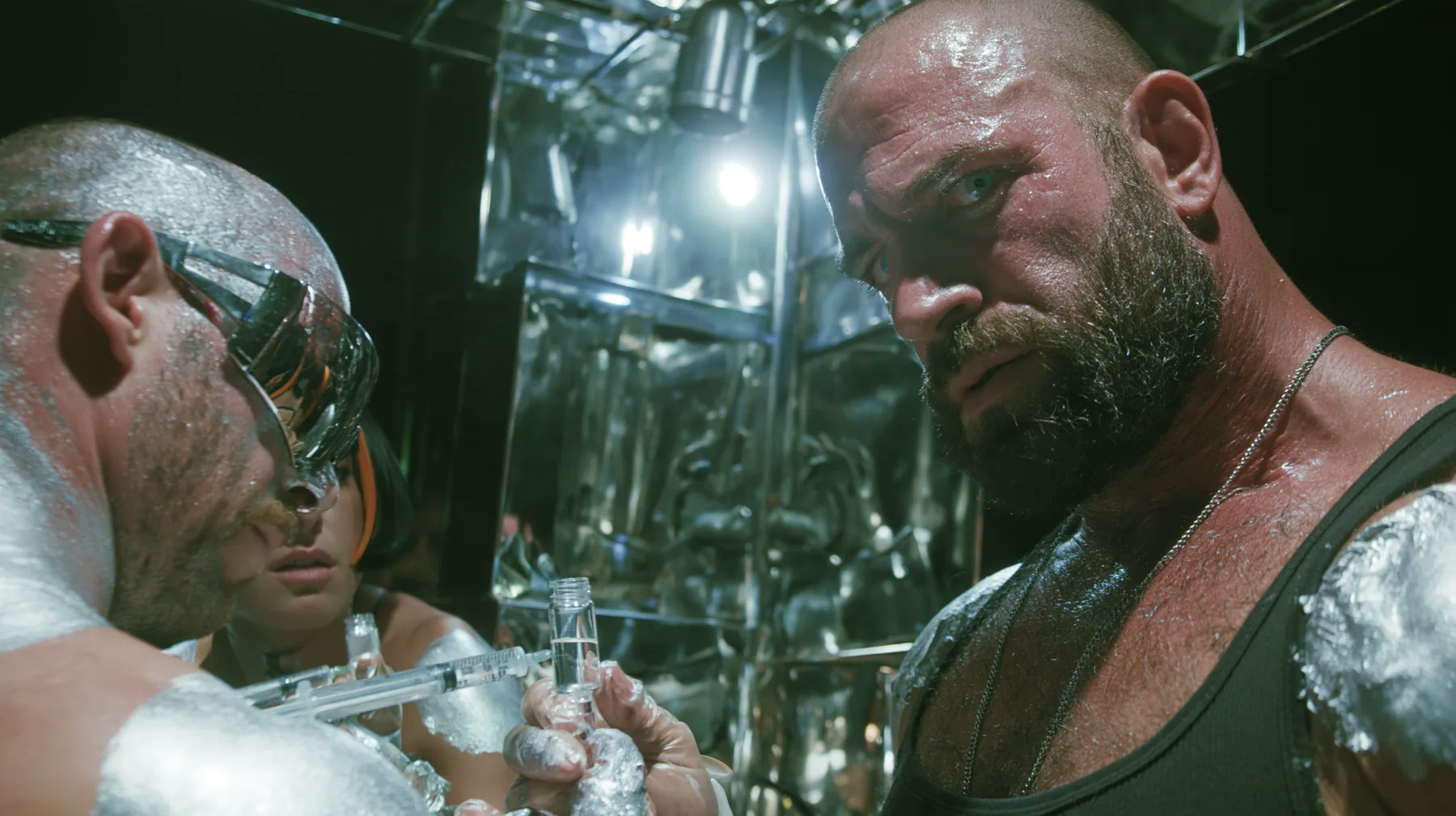 medium shot at a mirrored chrome bar in a warehouse rave, a broad-shouldered Caucasian man in his early thirties with a shaved head, a thick short dark beard, a square jaw, heavy brows and pale blue eyes, the build…