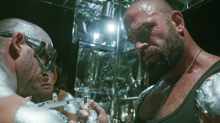 medium shot at a mirrored chrome bar in a warehouse rave, a broad-shouldered Caucasian man in his early thirties with a shaved head, a thick short dark beard, a square jaw, heavy brows and pale blue eyes, the build…