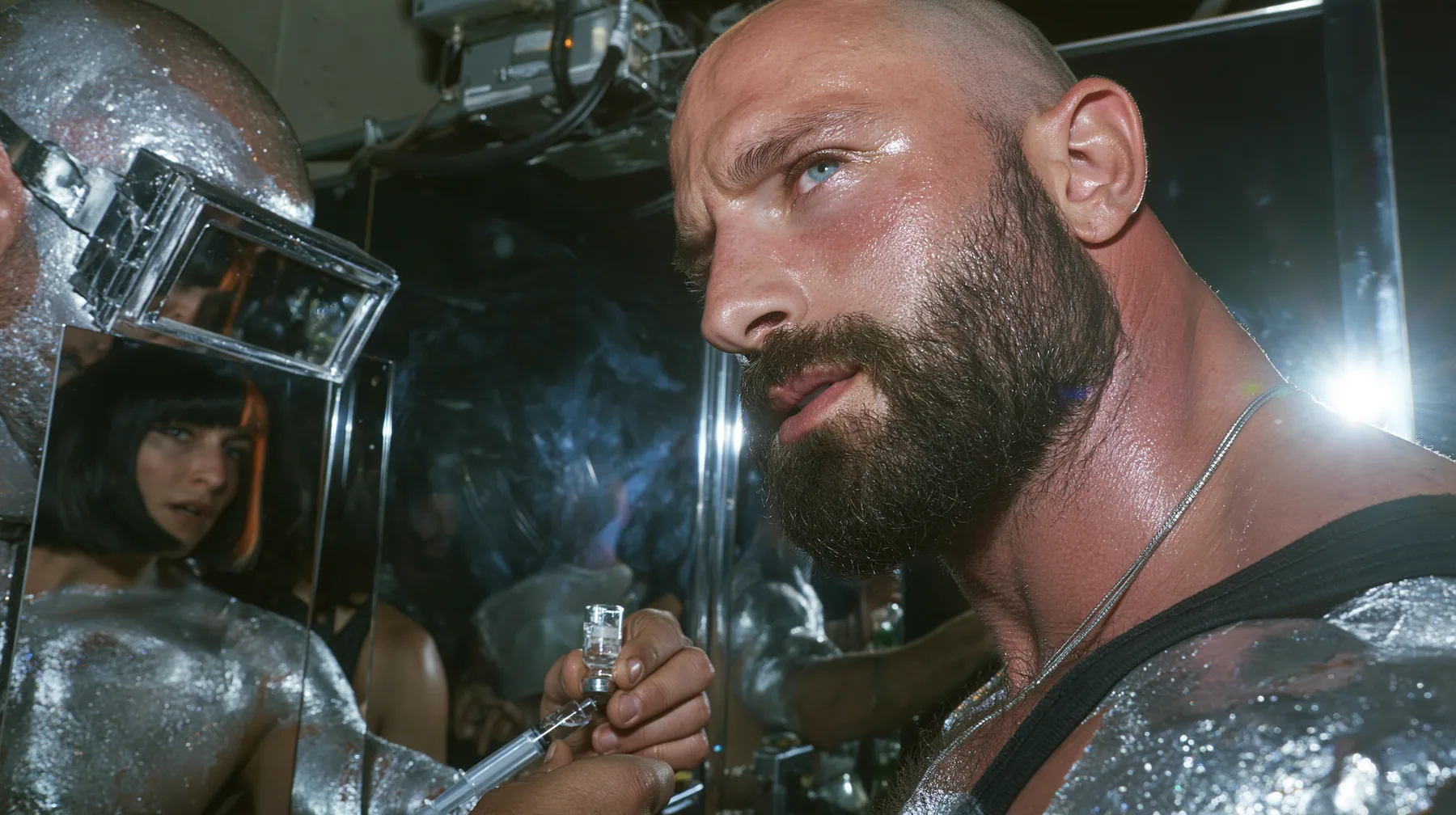 medium shot at a mirrored chrome bar in a warehouse rave, a broad-shouldered Caucasian man in his early thirties with a shaved head, a thick short dark beard, a square jaw, heavy brows and pale blue eyes, the build…