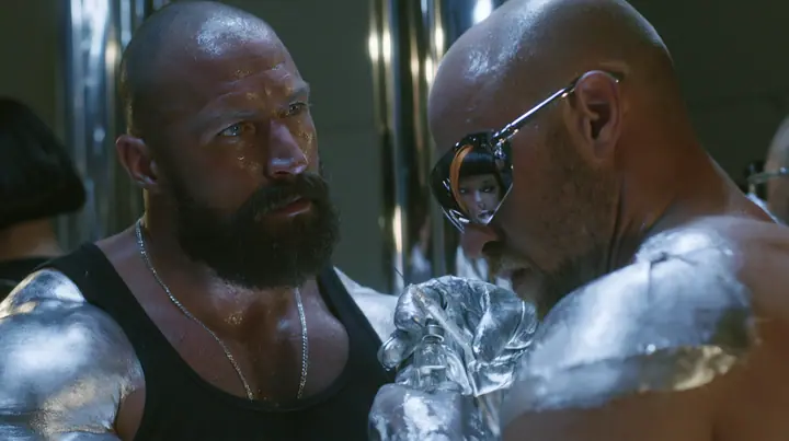 medium shot at a mirrored chrome bar in a warehouse rave, a broad-shouldered Caucasian man in his early thirties with a shaved head, a thick short dark beard, a square jaw, heavy brows and pale blue eyes, the build…