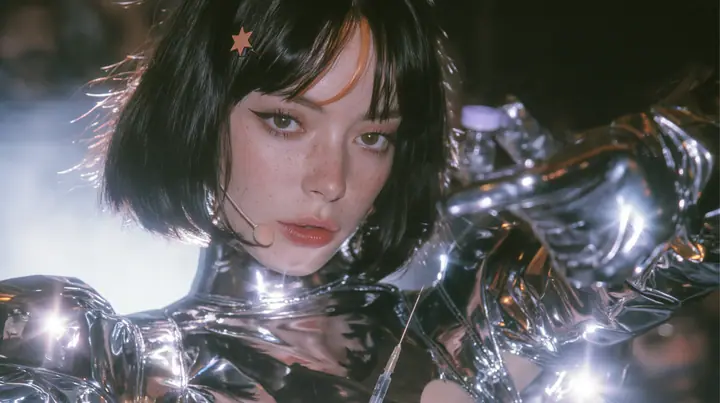 a Caucasian American woman in her mid-twenties with pale skin and light freckles, a glossy black blunt jaw-length bob with heavy straight bangs and one clay-orange streak through the bangs, a small flat clay-orange…