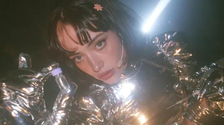 a Caucasian American woman in her mid-twenties with pale skin and light freckles, a glossy black blunt jaw-length bob with heavy straight bangs and one clay-orange streak through the bangs, a small flat clay-orange…
