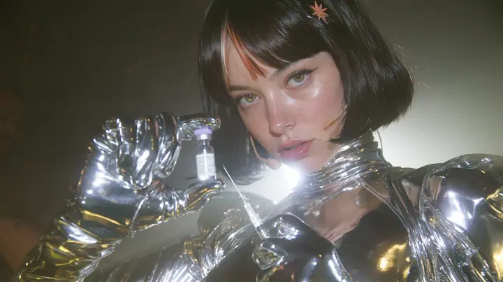 a Caucasian American woman in her mid-twenties with pale skin and light freckles, a glossy black blunt jaw-length bob with heavy straight bangs and one clay-orange streak through the bangs, a small flat clay-orange…