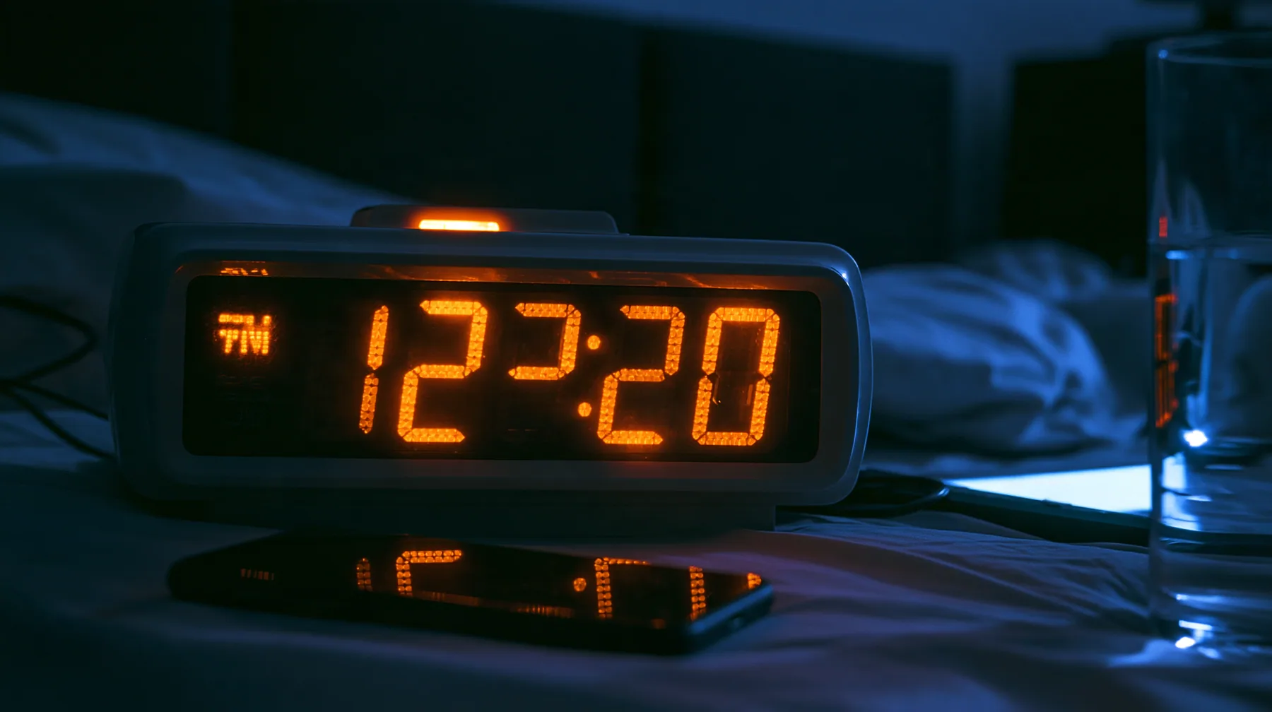 macro of a bedside digital alarm clock in a dark bedroom, its big seven-segment display glowing orange, a phone lying face up beside it lighting the ceiling, a glass of water, shallow depth of field, a dark bedroom…