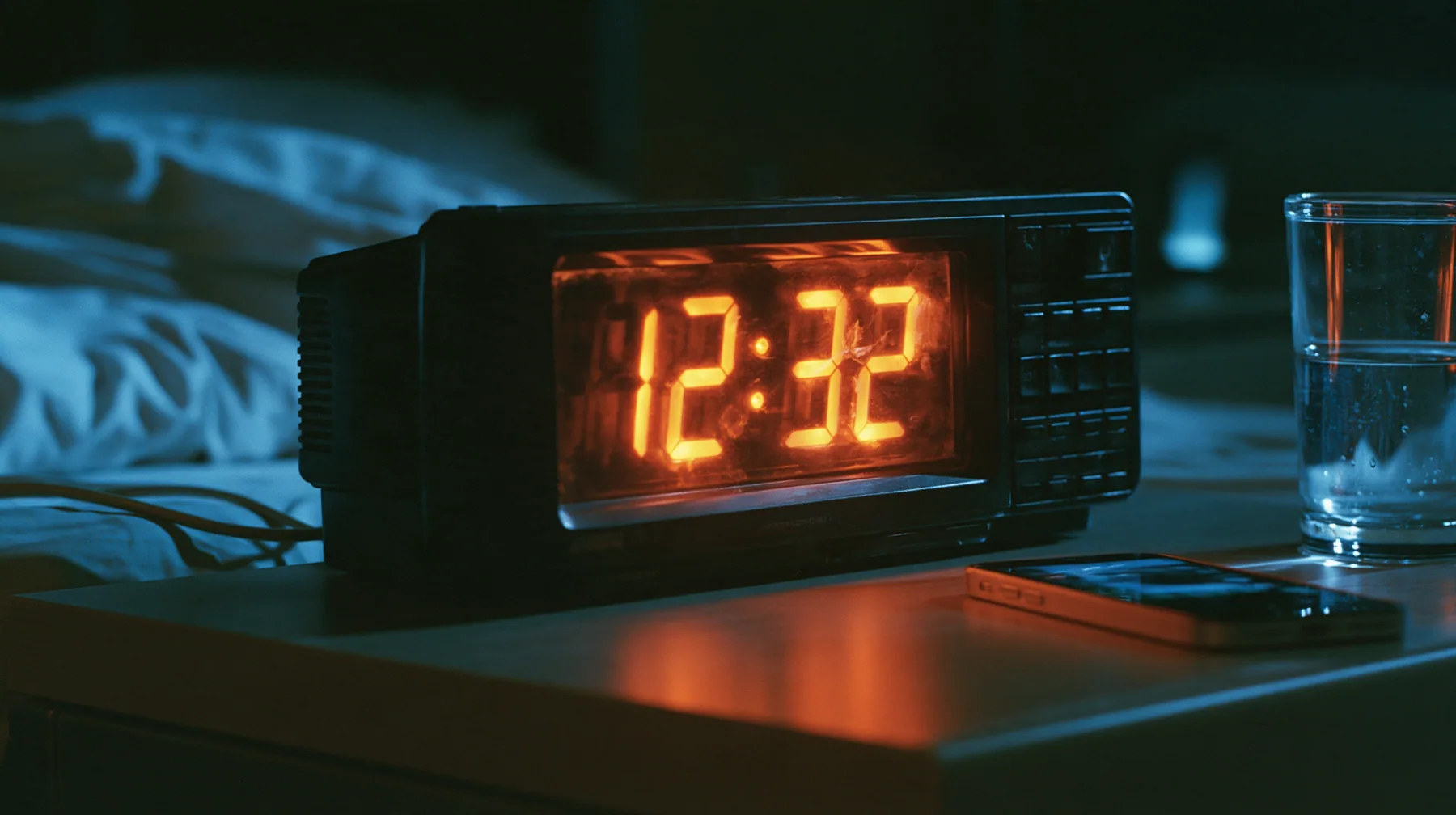 macro of a bedside digital alarm clock in a dark bedroom, its big seven-segment display glowing orange, a phone lying face up beside it lighting the ceiling, a glass of water, shallow depth of field, a dark bedroom…