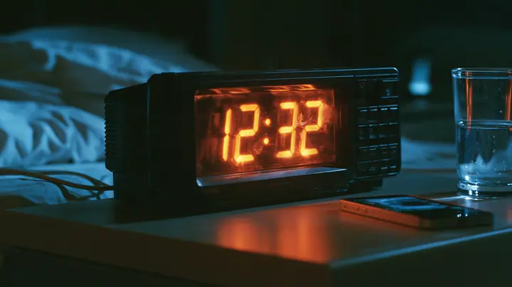 macro of a bedside digital alarm clock in a dark bedroom, its big seven-segment display glowing orange, a phone lying face up beside it lighting the ceiling, a glass of water, shallow depth of field, a dark bedroom…