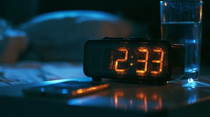 macro of a bedside digital alarm clock in a dark bedroom, its big seven-segment display glowing orange, a phone lying face up beside it lighting the ceiling, a glass of water, shallow depth of field, a dark bedroom…