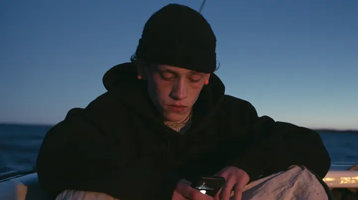medium close-up of a gaunt pale young rower with dark circles under his eyes in a black knit beanie and a black hoodie over a linen tunic, a small orange foam earplug in each ear, sitting on a rowing bench of an…