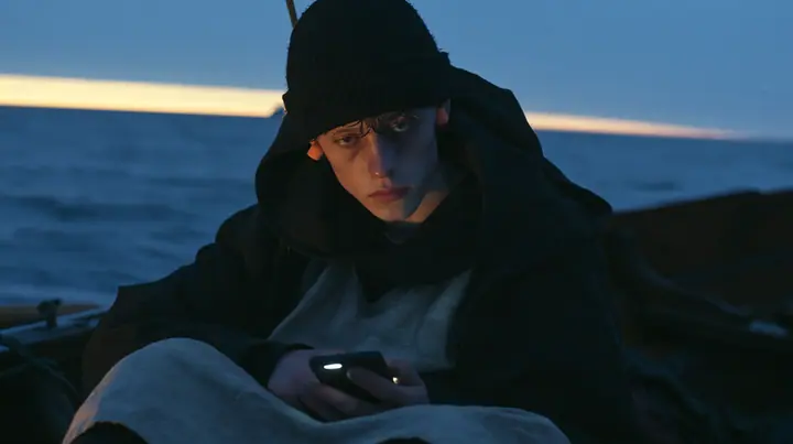 medium close-up of a gaunt pale young rower with dark circles under his eyes in a black knit beanie and a black hoodie over a linen tunic, a small orange foam earplug in each ear, sitting on a rowing bench of an…