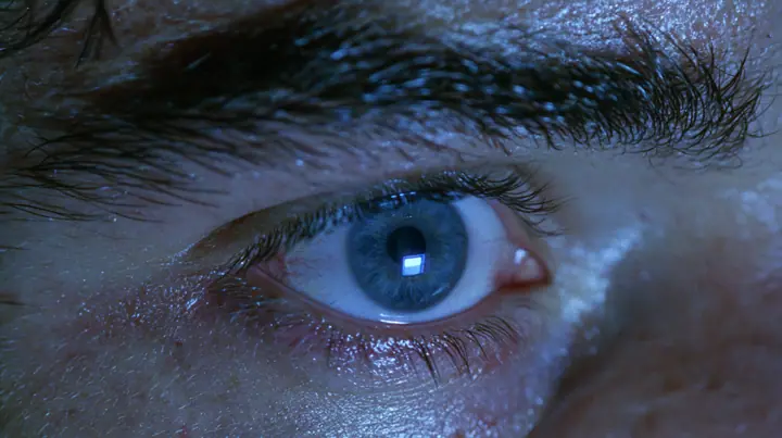 extreme close-up of a man's wide-open pale blue eye at 3am, bloodshot, heavy brow, the glowing rectangle of a phone screen reflected in the eye, a dark bedroom at 3am lit only by a phone screen, blue-white glow on…