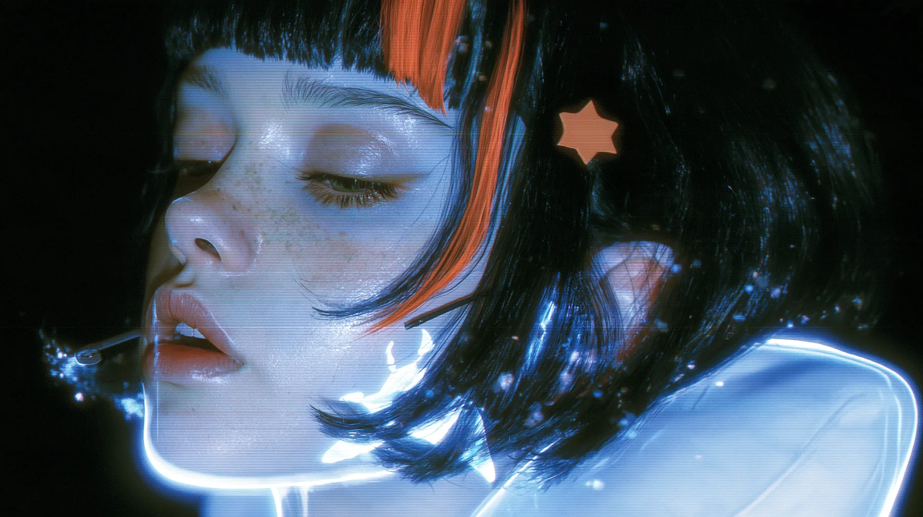 close-up side view of a Caucasian American woman in her mid-twenties with pale skin and light freckles, a glossy black blunt jaw-length bob with heavy straight bangs and one clay-orange streak through the bangs, a…