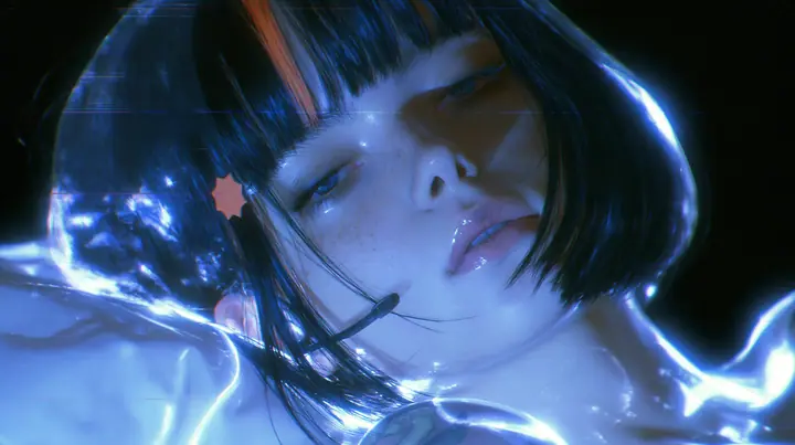 close-up side view of a Caucasian American woman in her mid-twenties with pale skin and light freckles, a glossy black blunt jaw-length bob with heavy straight bangs and one clay-orange streak through the bangs, a…