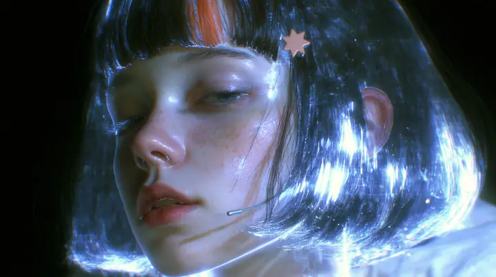 close-up side view of a Caucasian American woman in her mid-twenties with pale skin and light freckles, a glossy black blunt jaw-length bob with heavy straight bangs and one clay-orange streak through the bangs, a…