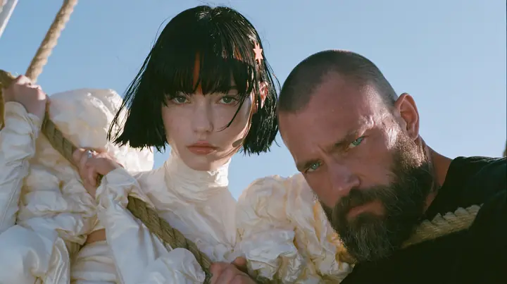 low angle of a Caucasian American woman in her mid-twenties with pale skin and light freckles, a glossy black blunt jaw-length bob with heavy straight bangs and one clay-orange streak through the bangs, a small flat…