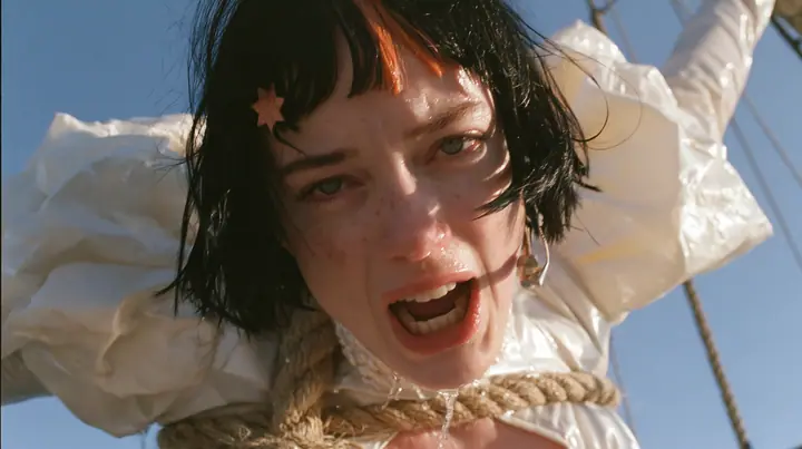 close-up of a Caucasian American woman in her mid-twenties with pale skin and light freckles, a glossy black blunt jaw-length bob with heavy straight bangs and one clay-orange streak through the bangs, a small flat…
