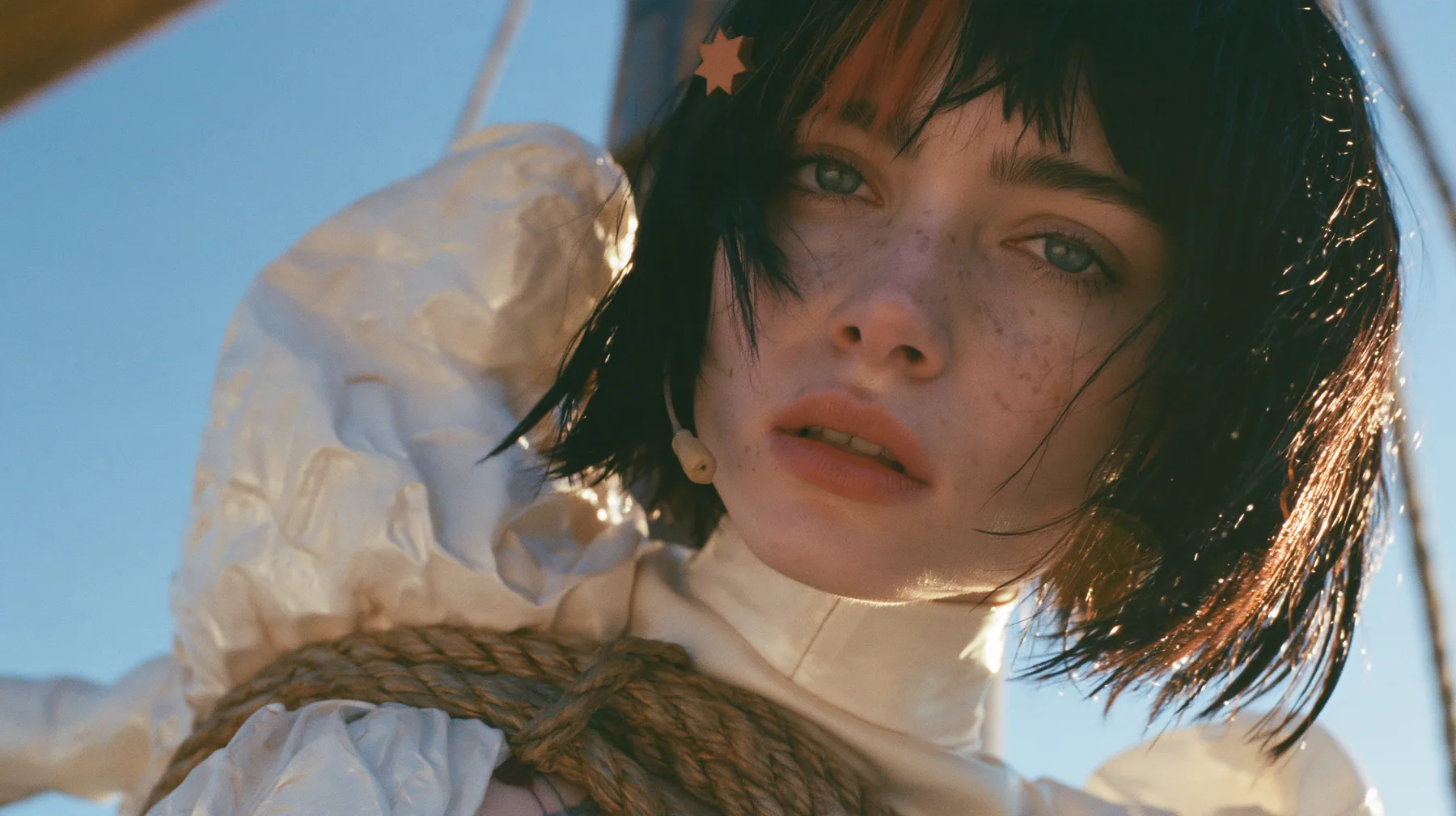 close-up of a Caucasian American woman in her mid-twenties with pale skin and light freckles, a glossy black blunt jaw-length bob with heavy straight bangs and one clay-orange streak through the bangs, a small flat…