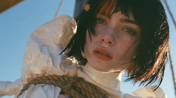 close-up of a Caucasian American woman in her mid-twenties with pale skin and light freckles, a glossy black blunt jaw-length bob with heavy straight bangs and one clay-orange streak through the bangs, a small flat…