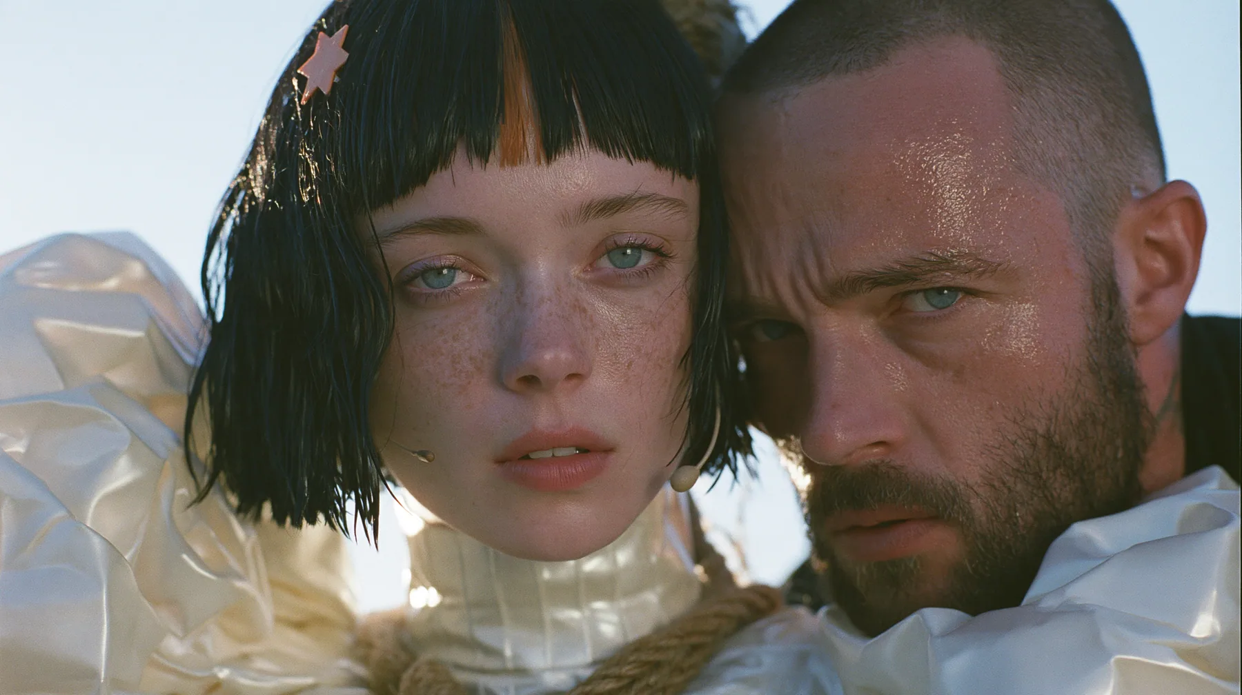 extreme close-up of a Caucasian American woman in her mid-twenties with pale skin and light freckles, a glossy black blunt jaw-length bob with heavy straight bangs and one clay-orange streak through the bangs, a…