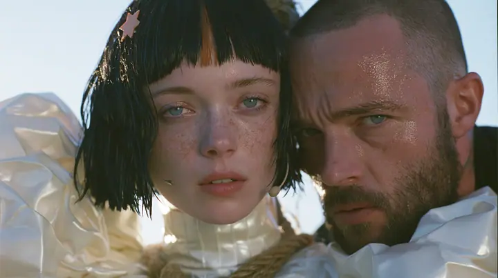 extreme close-up of a Caucasian American woman in her mid-twenties with pale skin and light freckles, a glossy black blunt jaw-length bob with heavy straight bangs and one clay-orange streak through the bangs, a…