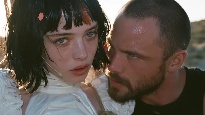 extreme close-up of a Caucasian American woman in her mid-twenties with pale skin and light freckles, a glossy black blunt jaw-length bob with heavy straight bangs and one clay-orange streak through the bangs, a…