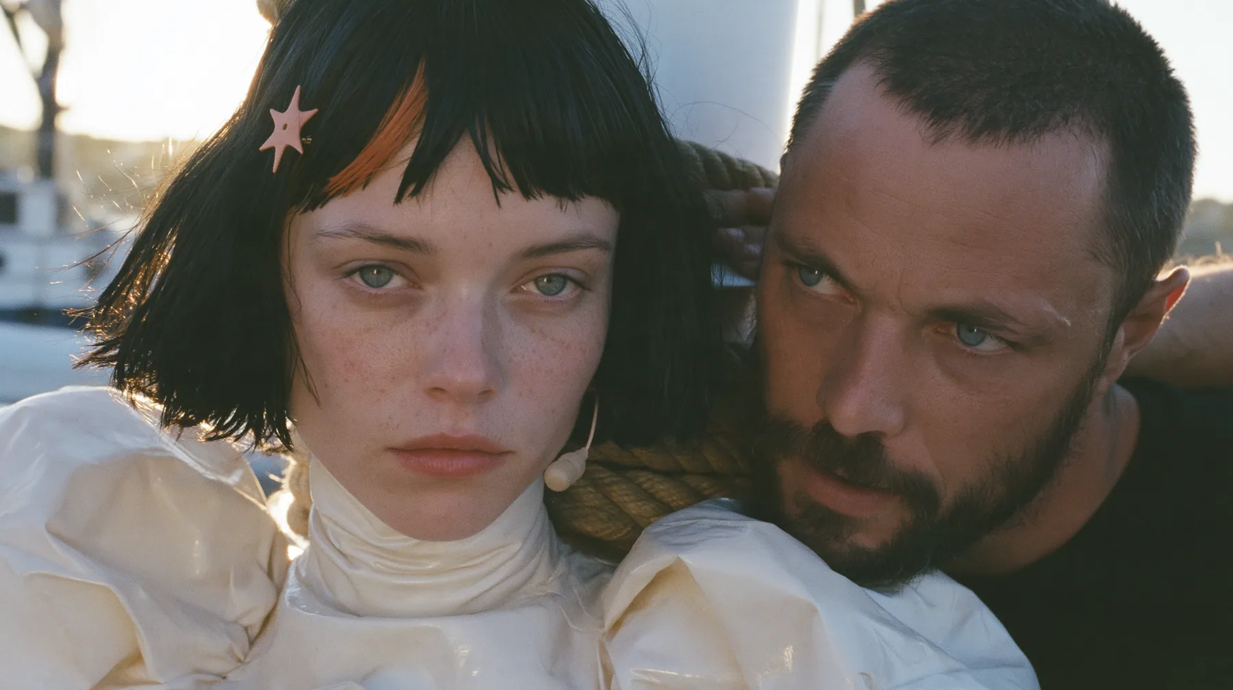 extreme close-up of a Caucasian American woman in her mid-twenties with pale skin and light freckles, a glossy black blunt jaw-length bob with heavy straight bangs and one clay-orange streak through the bangs, a…