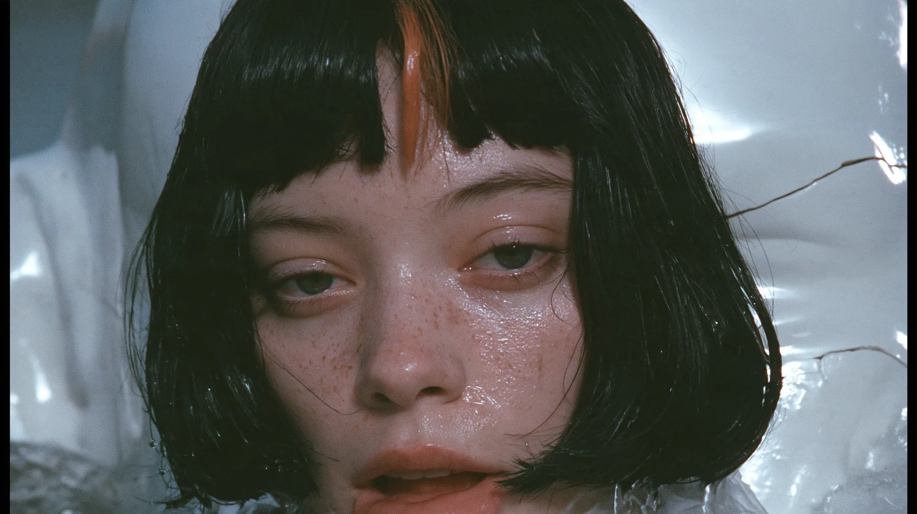 close-up of a colossal smooth white porcelain mask of a young woman's face, sculpted with a glossy black blunt bob with heavy bangs and one clay-orange streak, pale freckles, a serene expression, a hairline crack…