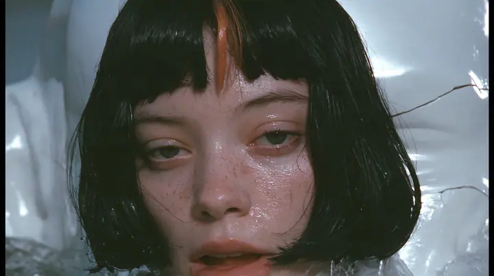 close-up of a colossal smooth white porcelain mask of a young woman's face, sculpted with a glossy black blunt bob with heavy bangs and one clay-orange streak, pale freckles, a serene expression, a hairline crack…