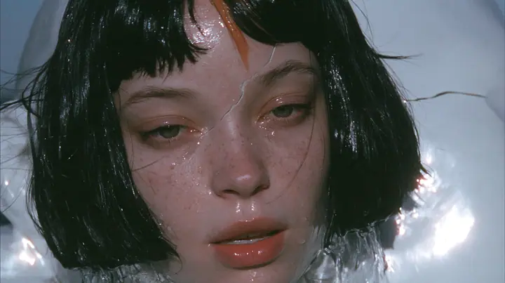 close-up of a colossal smooth white porcelain mask of a young woman's face, sculpted with a glossy black blunt bob with heavy bangs and one clay-orange streak, pale freckles, a serene expression, a hairline crack…