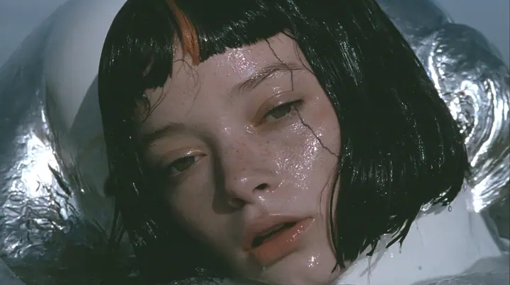 close-up of a colossal smooth white porcelain mask of a young woman's face, sculpted with a glossy black blunt bob with heavy bangs and one clay-orange streak, pale freckles, a serene expression, a hairline crack…
