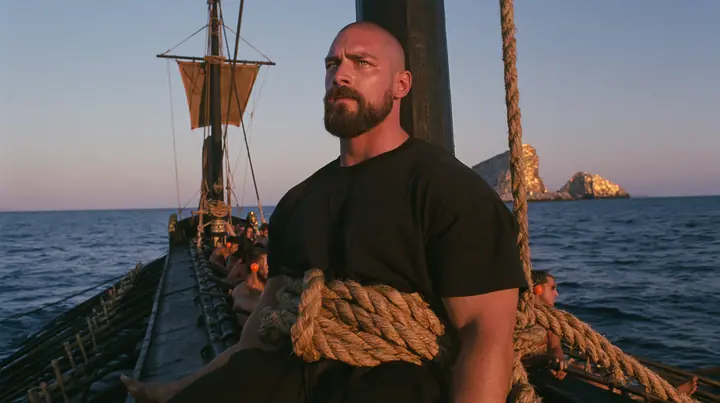 medium wide shot of a broad-shouldered Caucasian man in his early thirties with a shaved head, a thick short dark beard, a square jaw, heavy brows and pale blue eyes, the build of a man who lifts, in a plain black…