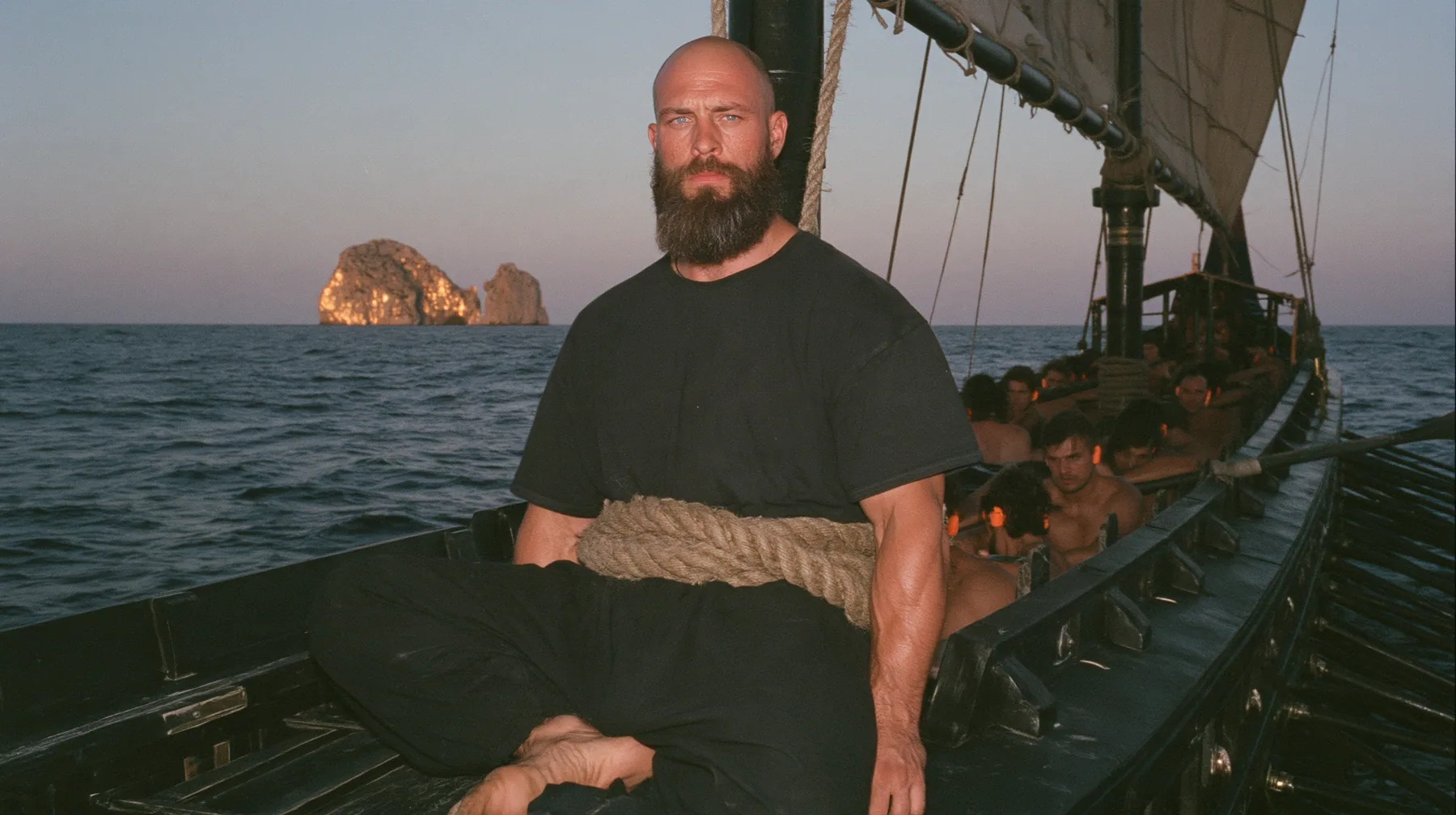medium wide shot of a broad-shouldered Caucasian man in his early thirties with a shaved head, a thick short dark beard, a square jaw, heavy brows and pale blue eyes, the build of a man who lifts, in a plain black…